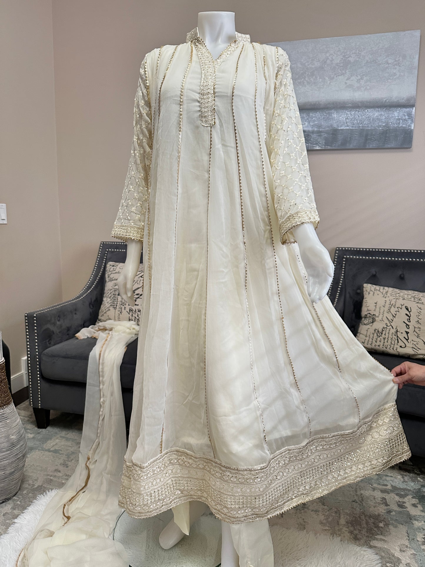 3pc Fancy White Chiffon Anarkali