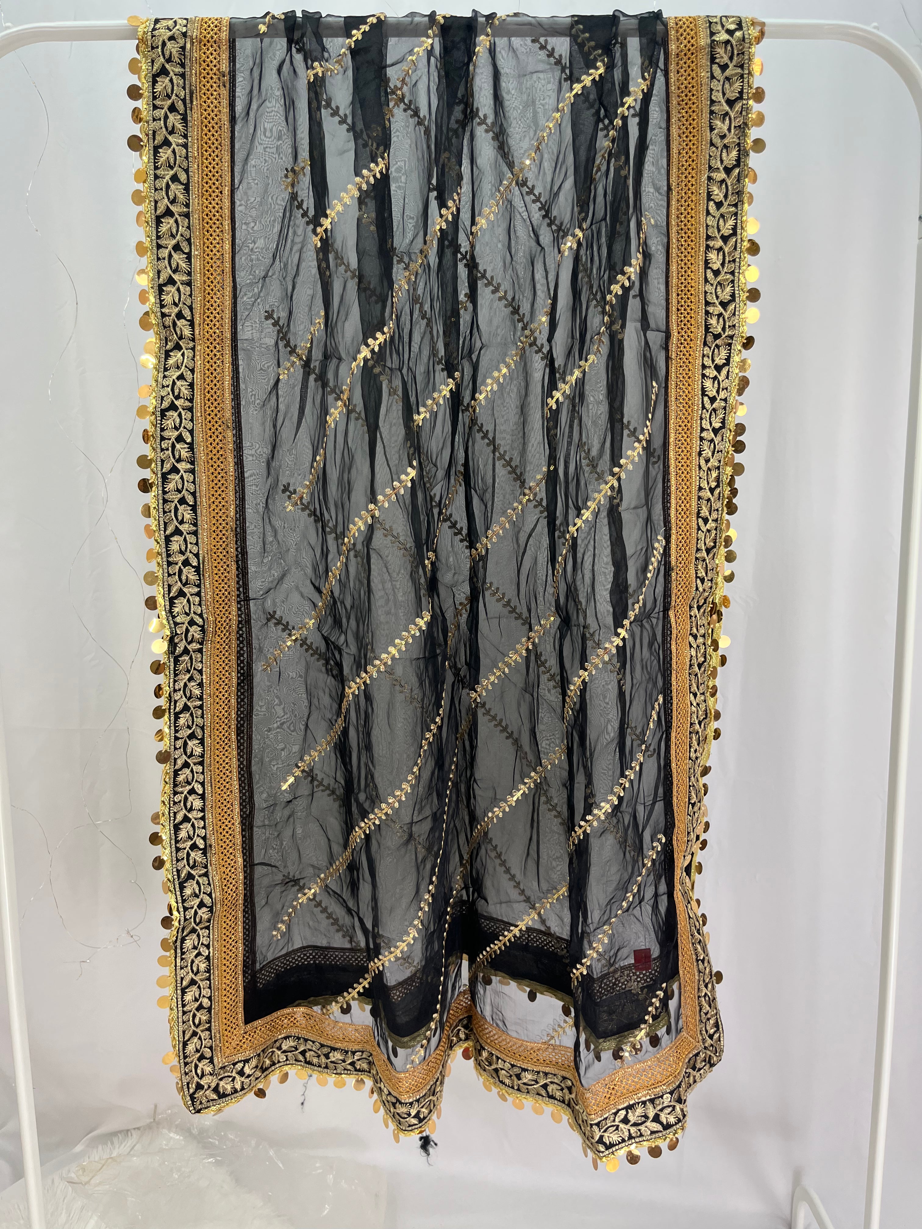 Black Organza Dupatta with Gold Border