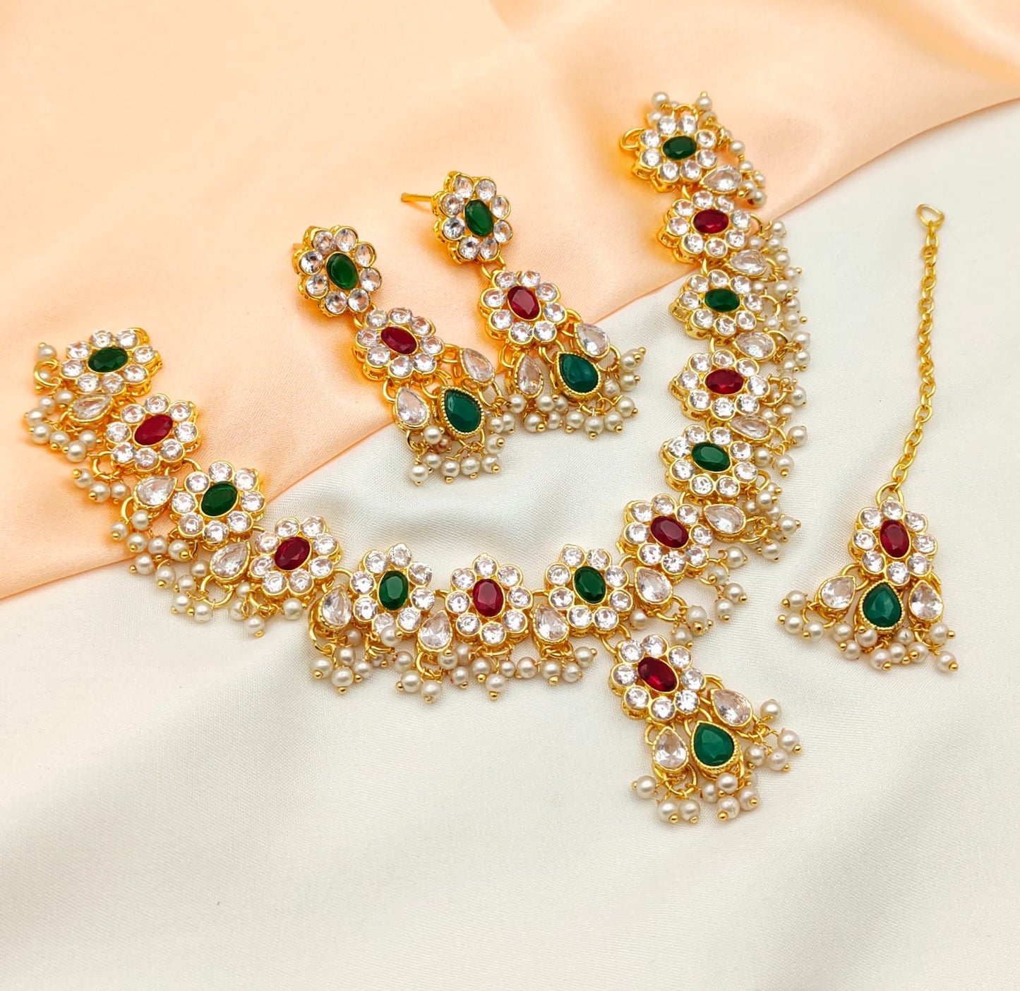 4PC Gold Jewelry Set Red/Green/White