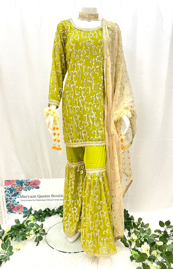 Luxury Pistachio Georgette/Silk Gharara Outfit 3PC
