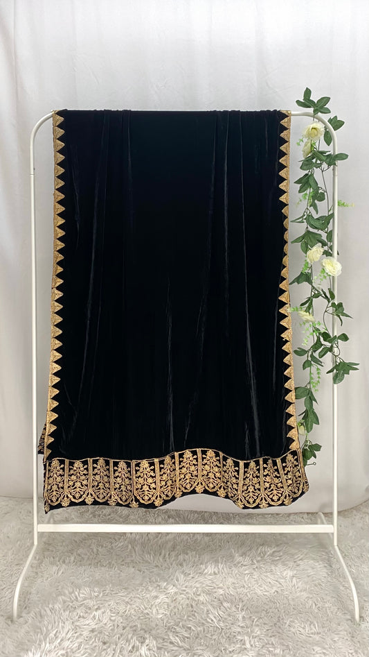 Velvet Zari Embroidered Shawl by J. - Jet Black