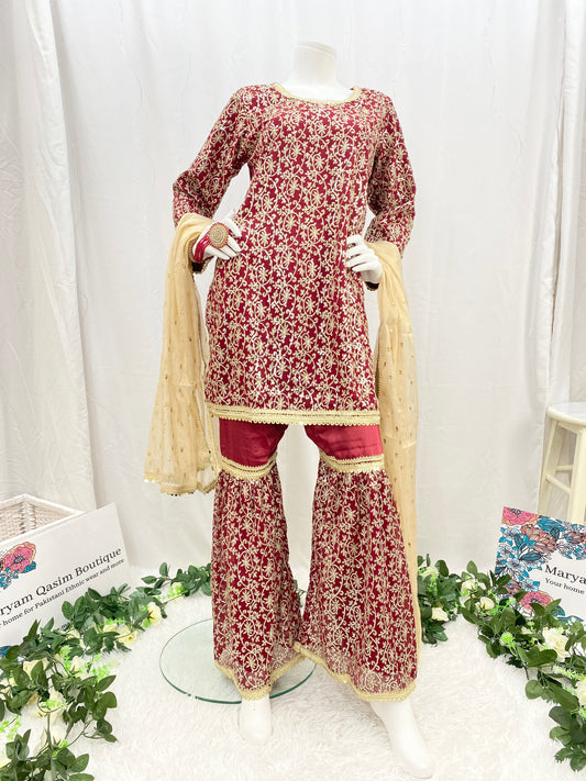 Luxury Floral Maroon Georgette/Silk Gharara 3PC