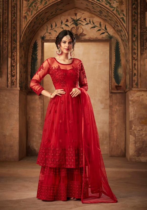 3Pcs Beautiful Ruby Star Red Embroidered Gharara