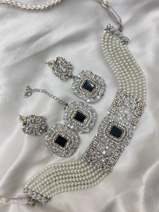 Choker Jewelry Set 4PC Silver/Black