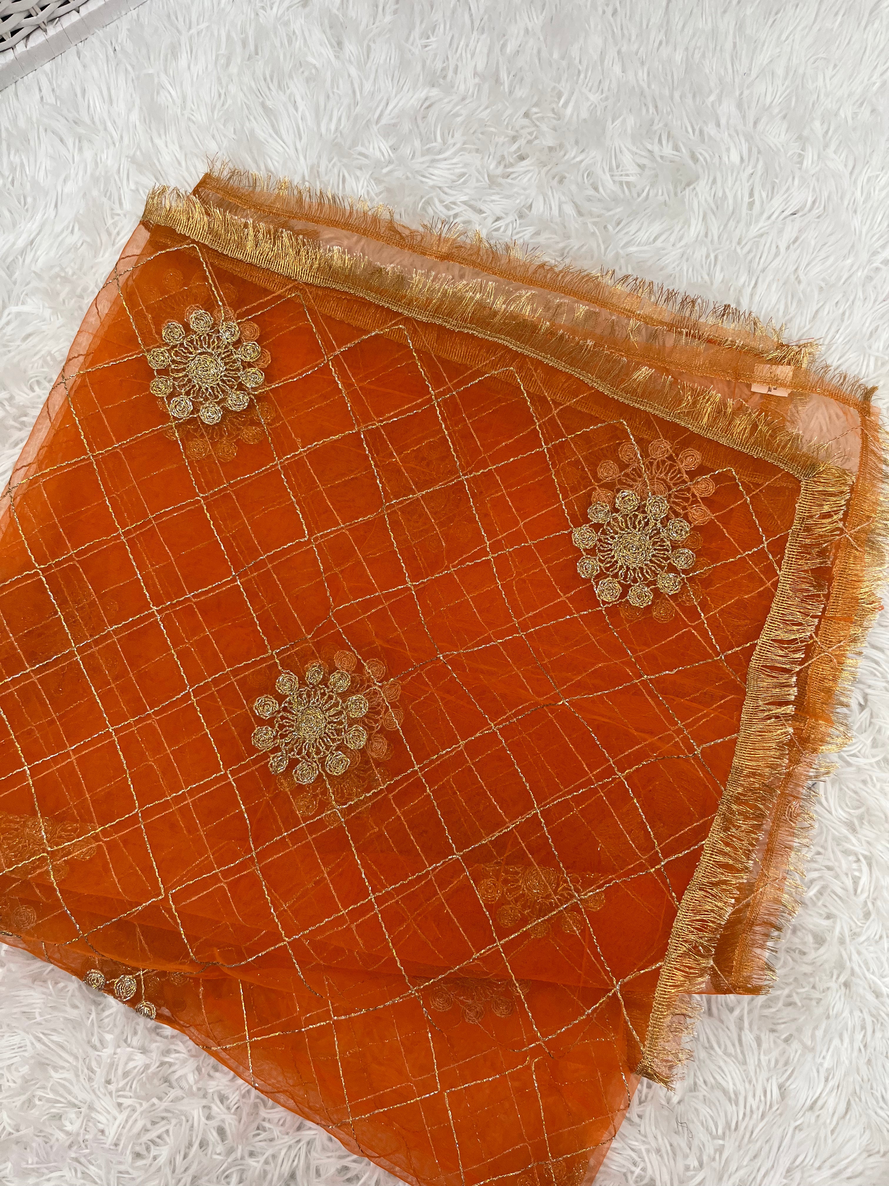 Net Orange Dupatta with Zari Work