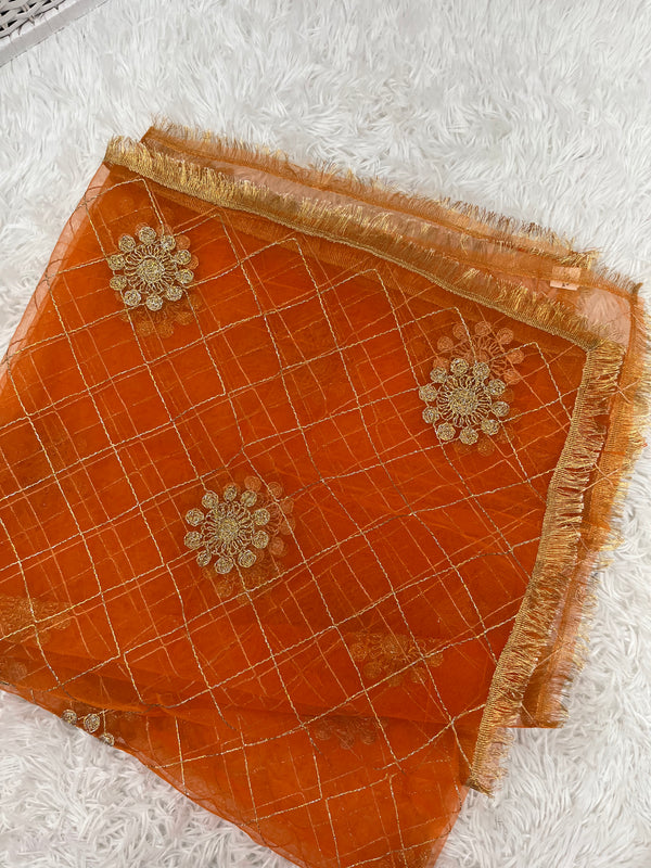 Net Orange Dupatta with Zari Work